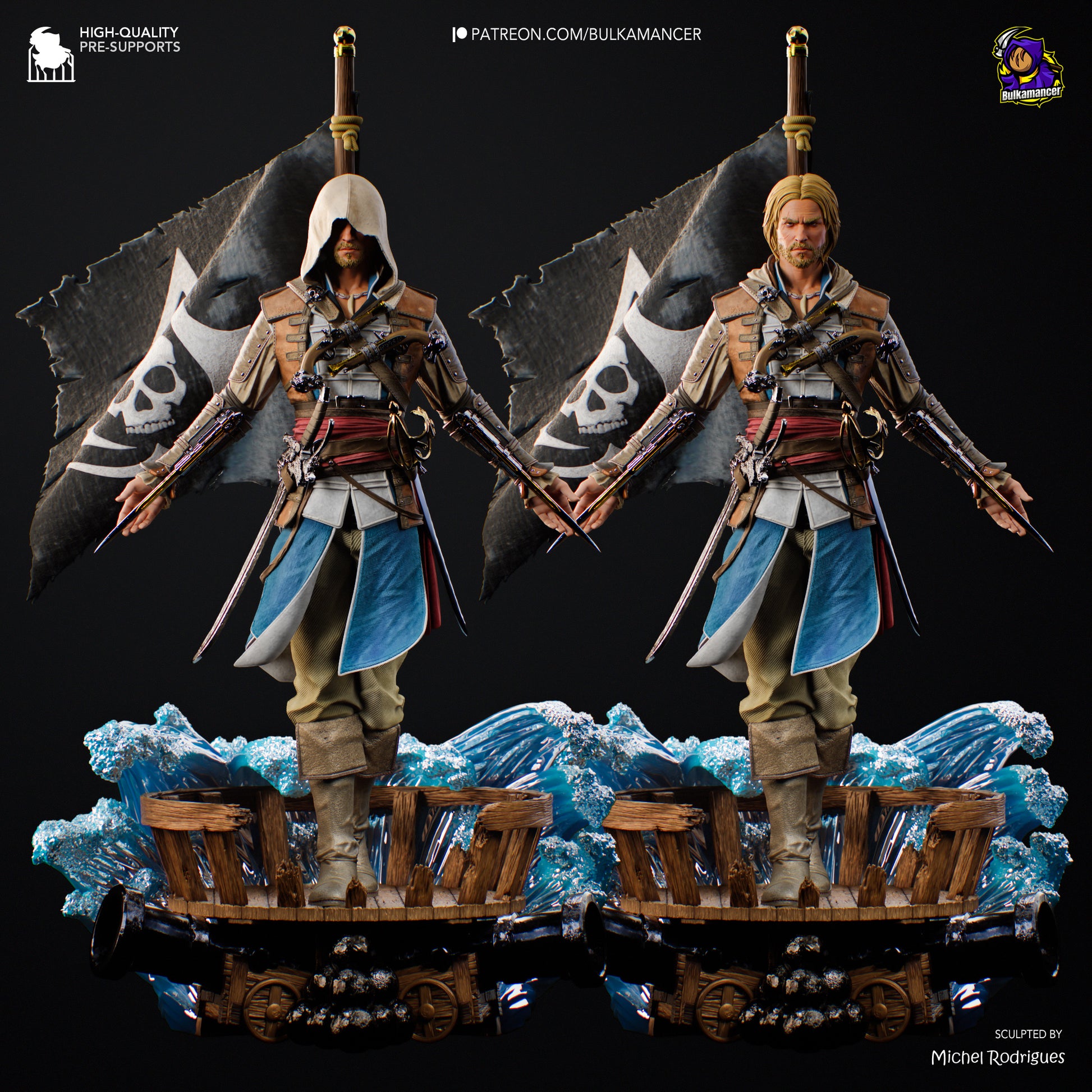 Front view of Edward Kenway figure in a combat stance, with dual hidden blades extended and detailed assassin gear visible.