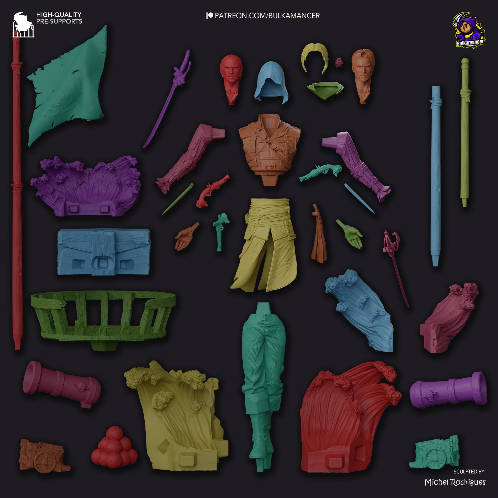 Exploded layout of Edward Kenway’s modular parts including arms, hidden blades, and torso pieces.