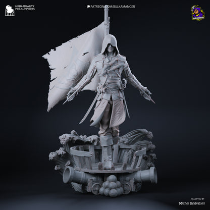 Unpainted Edward Kenway model with arms down and hidden blades out, showcasing cloak folds and pirate outfit.