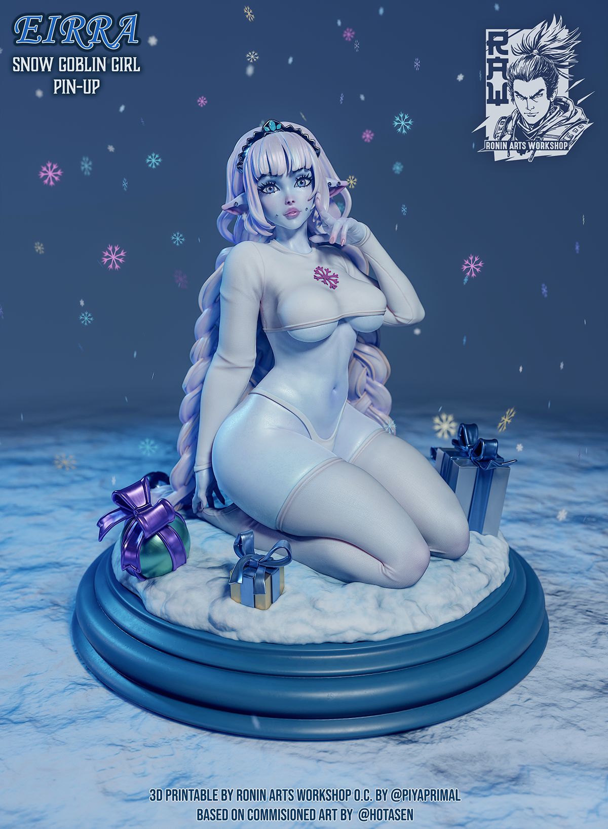 Main shot of Eirra, Snow Goblin Girl, in winter attire with a mischievous pose surrounded by wrapped gifts.