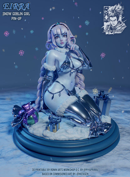 Eirra, Snow Goblin Girl, donning a shimmering silver outfit, looking ready to slay the holidays.