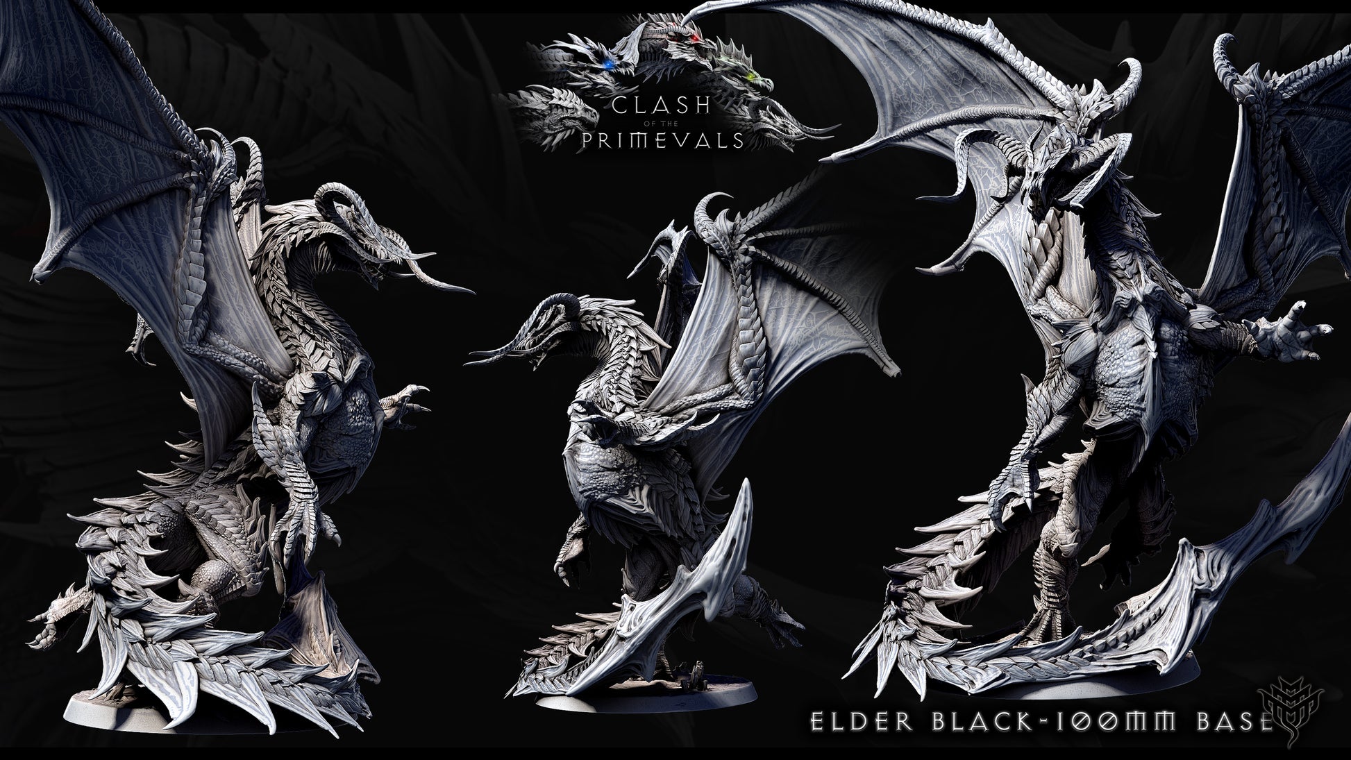Multiple angles of the Elder Black Dragon miniature, showcasing intricate wing membranes, sharp horns, and textured scales, perfect for D&D or wargaming.