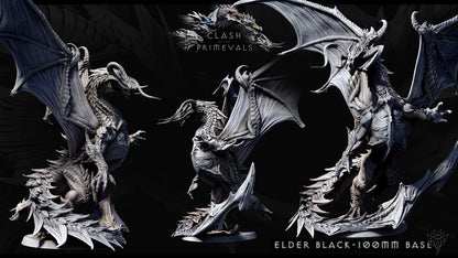 Multiple angles of the Elder Black Dragon miniature, showcasing intricate wing membranes, sharp horns, and textured scales, perfect for D&D or wargaming.