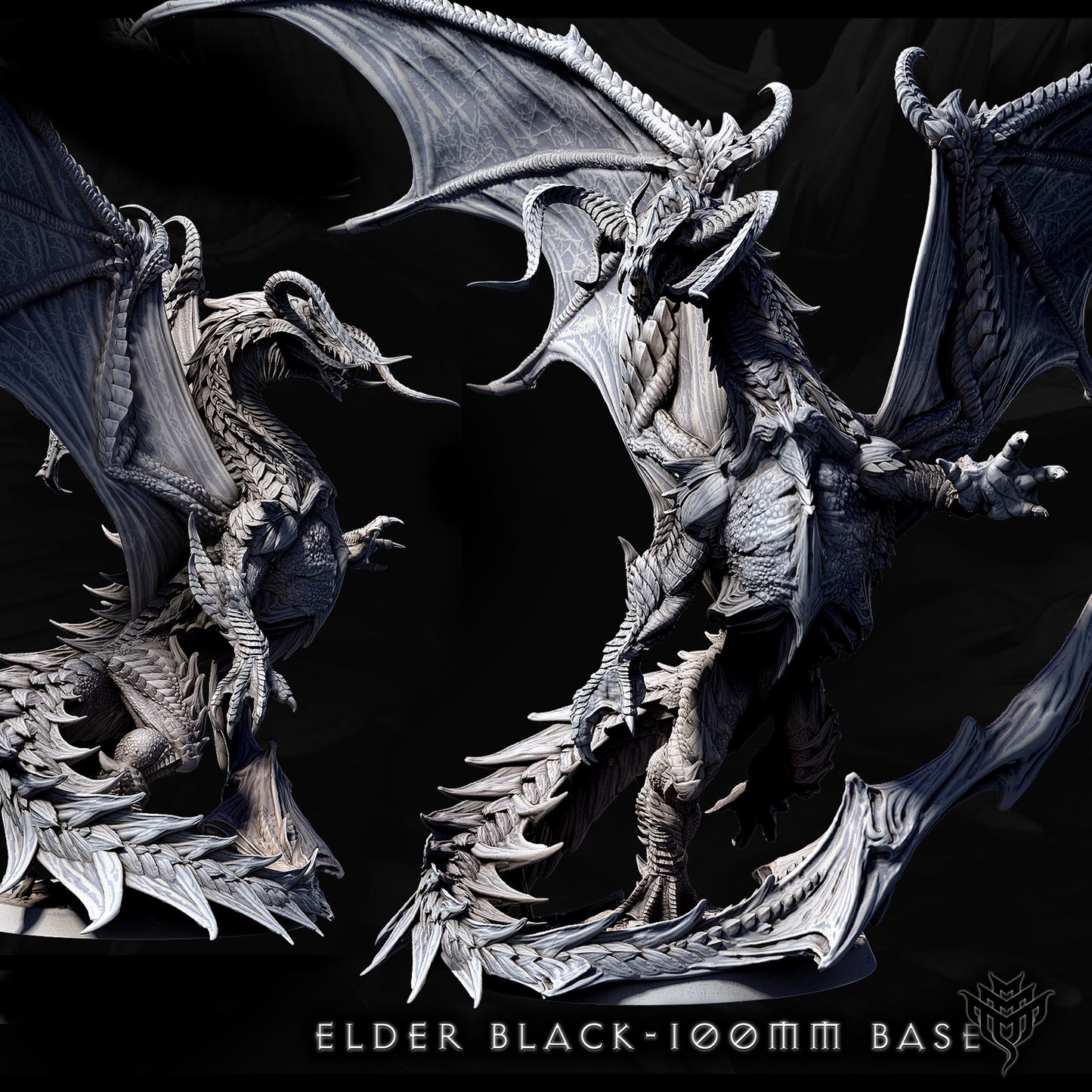 Highly detailed Elder Black Dragon miniature, 262mm tall with a 406mm wingspan, posed menacingly on a 100mm base for tabletop RPG and fantasy wargaming.