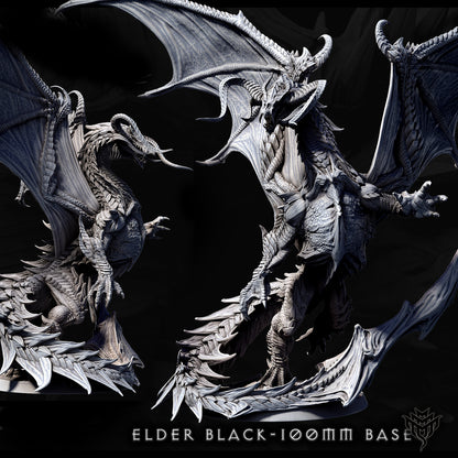 Highly detailed Elder Black Dragon miniature, 262mm tall with a 406mm wingspan, posed menacingly on a 100mm base for tabletop RPG and fantasy wargaming.