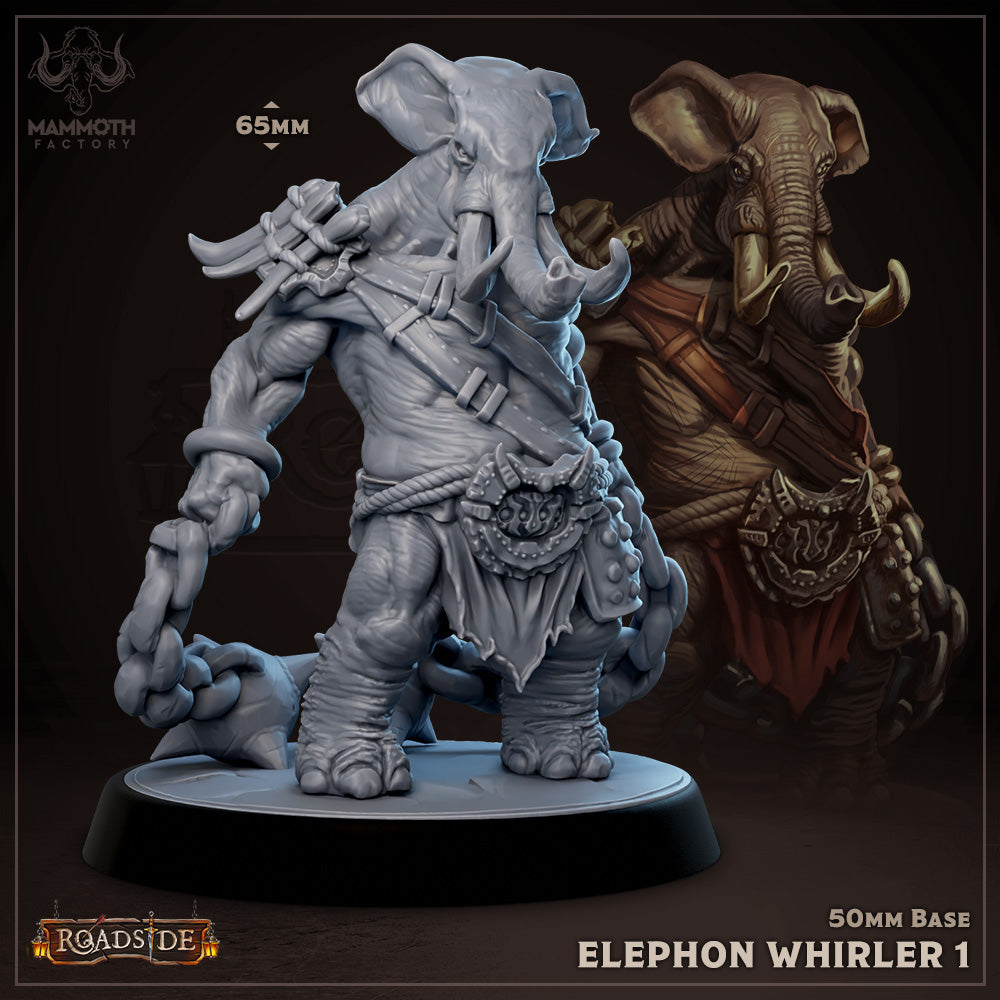 Elephon Whirler 1 holding a chained weapon, standing confidently with armor plates and tusk decorations, perfect for adding a unique enemy in fantasy TTRPGs.