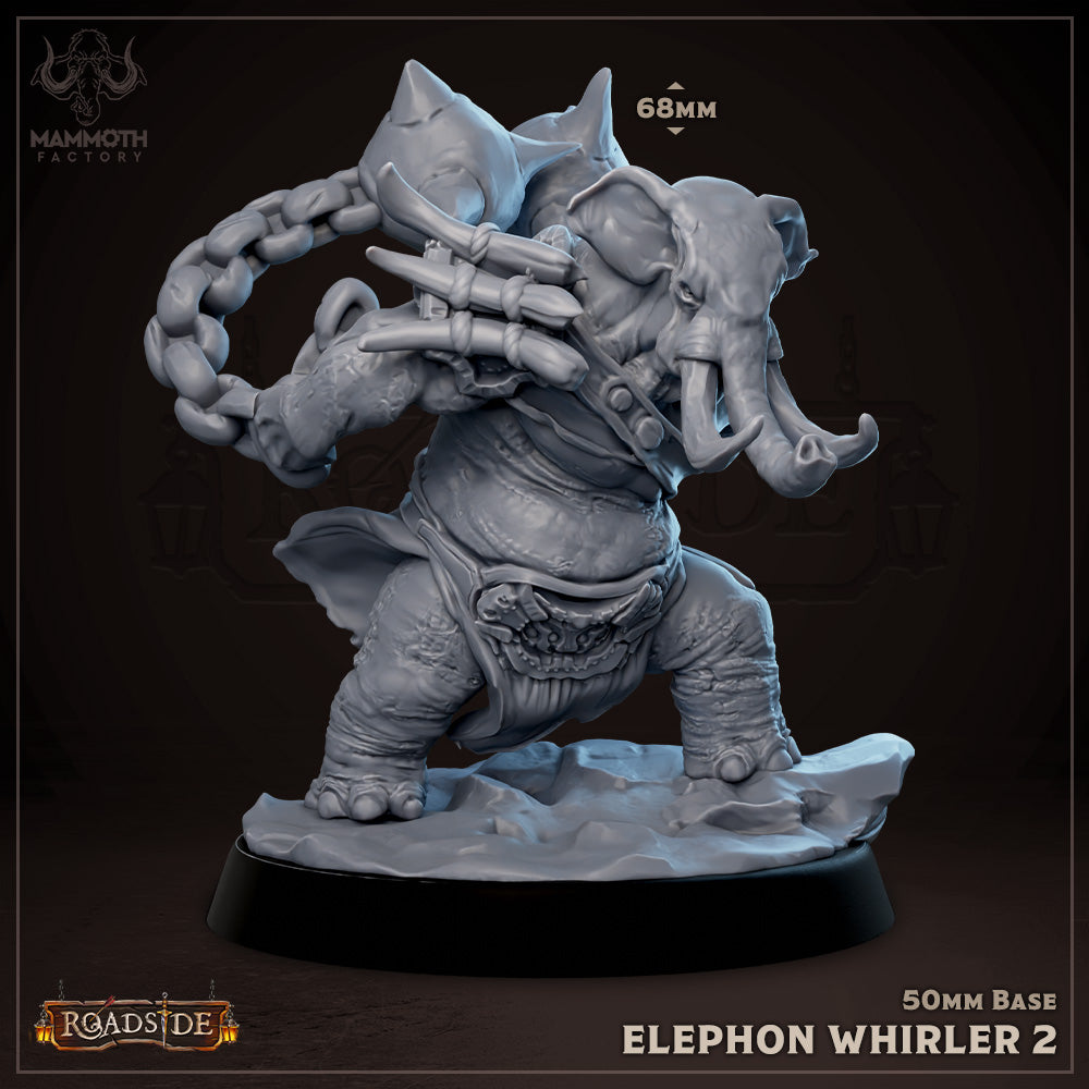 Elephon Whirler 2 wielding a massive flails, with an aggressive stance and armor detailing, ideal for fantasy tabletop RPG settings.