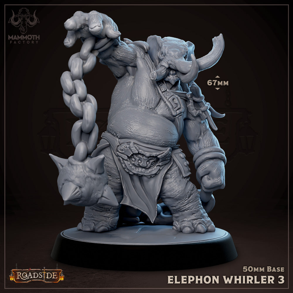 Elephon Whirler 3 holding a large spiked flail, poised in a threatening position with intricate armor details, suitable for use in fantasy TTRPGs.