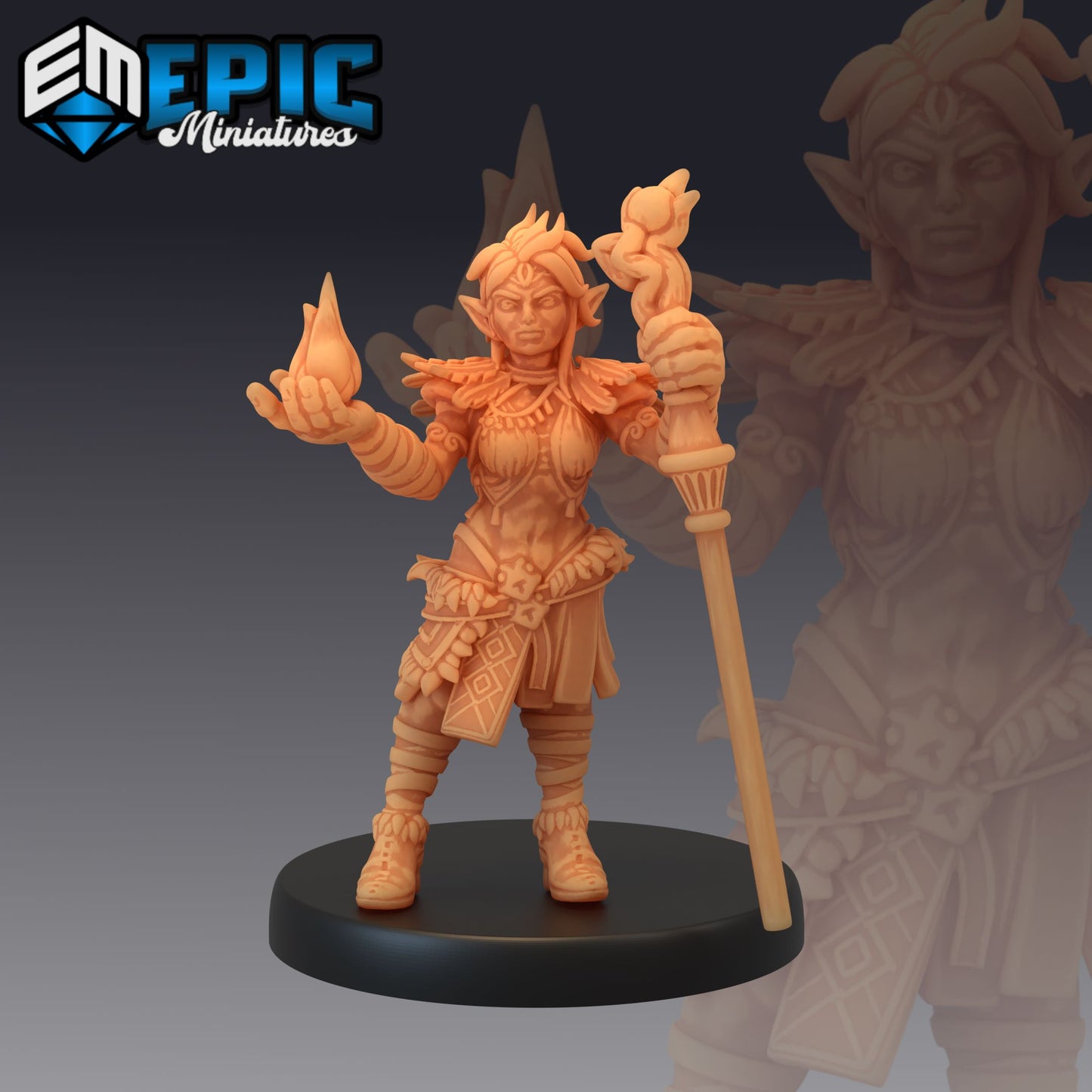 An Elf Druid miniature casting a spell with a staff in one hand and a conjured flame in the other. Ideal for role-playing as a nature-bound spellcaster in games like Dungeons & Dragons, adding mysticism and power to any tabletop session.