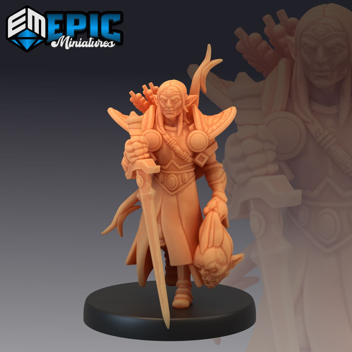 An Elf Paladin miniature in a proud stance, holding a sword and a decapitated enemy’s head. Adorned in noble armor, this figure represents a protector of justice, making it perfect for fantasy TTRPGs like Dungeons & Dragons.