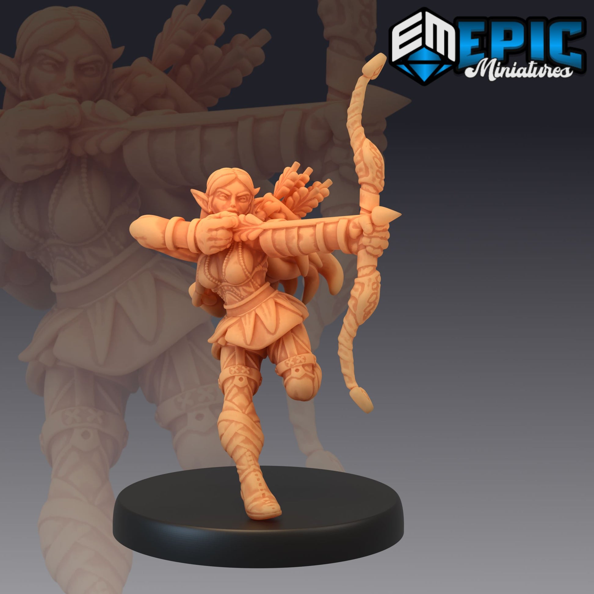 An Elf Ranger miniature posed mid-draw with a bow, equipped with quiver and archer’s attire, embodying the precision and focus of a ranger. Suited for games like Pathfinder, this figure brings the classic Elven archer to life.