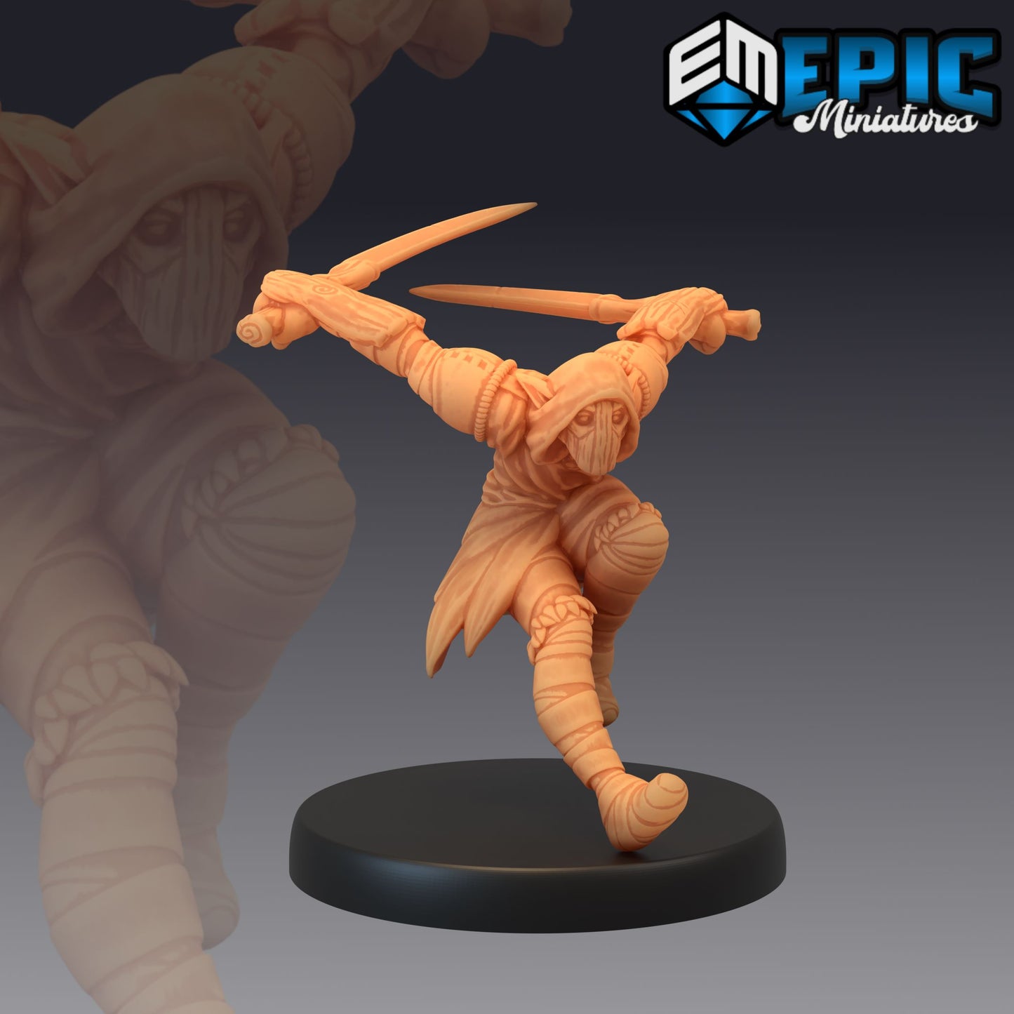 An Elf Rogue miniature showcasing two blades mid-run, draped in tactical armor. Ideal for fantasy RPGs like Dungeons & Dragons, capturing the agility and secrecy of the rogue class.