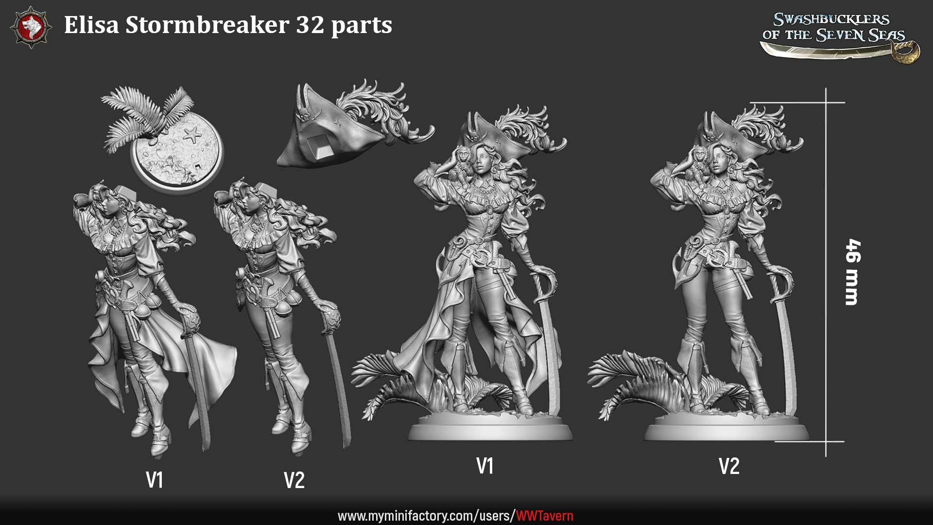 32mm pirate duelist miniature parts showing female swashbuckler with curved saber, feathered hat, long coat, dynamic stance, deck-themed base, fantasy tabletop pirate character
