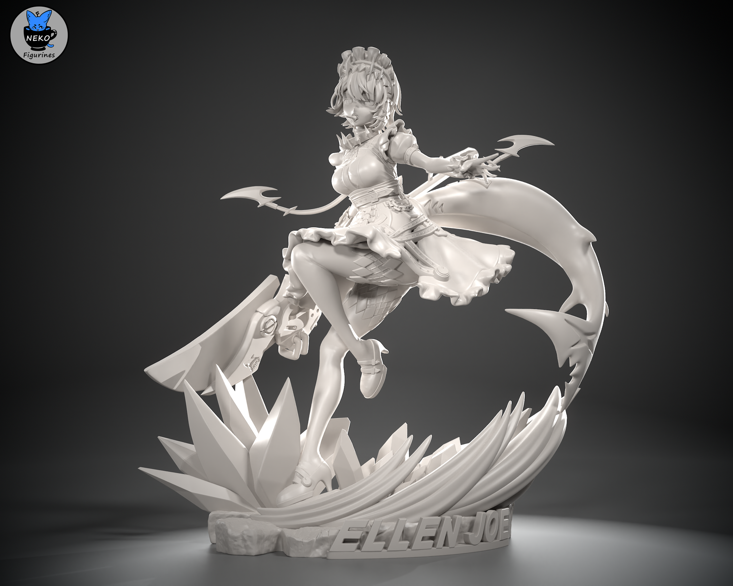 Front grey render of Ellen Joe 3D figure, showing dress, weapon, and shark tail flowing mid-jump on labeled base.
