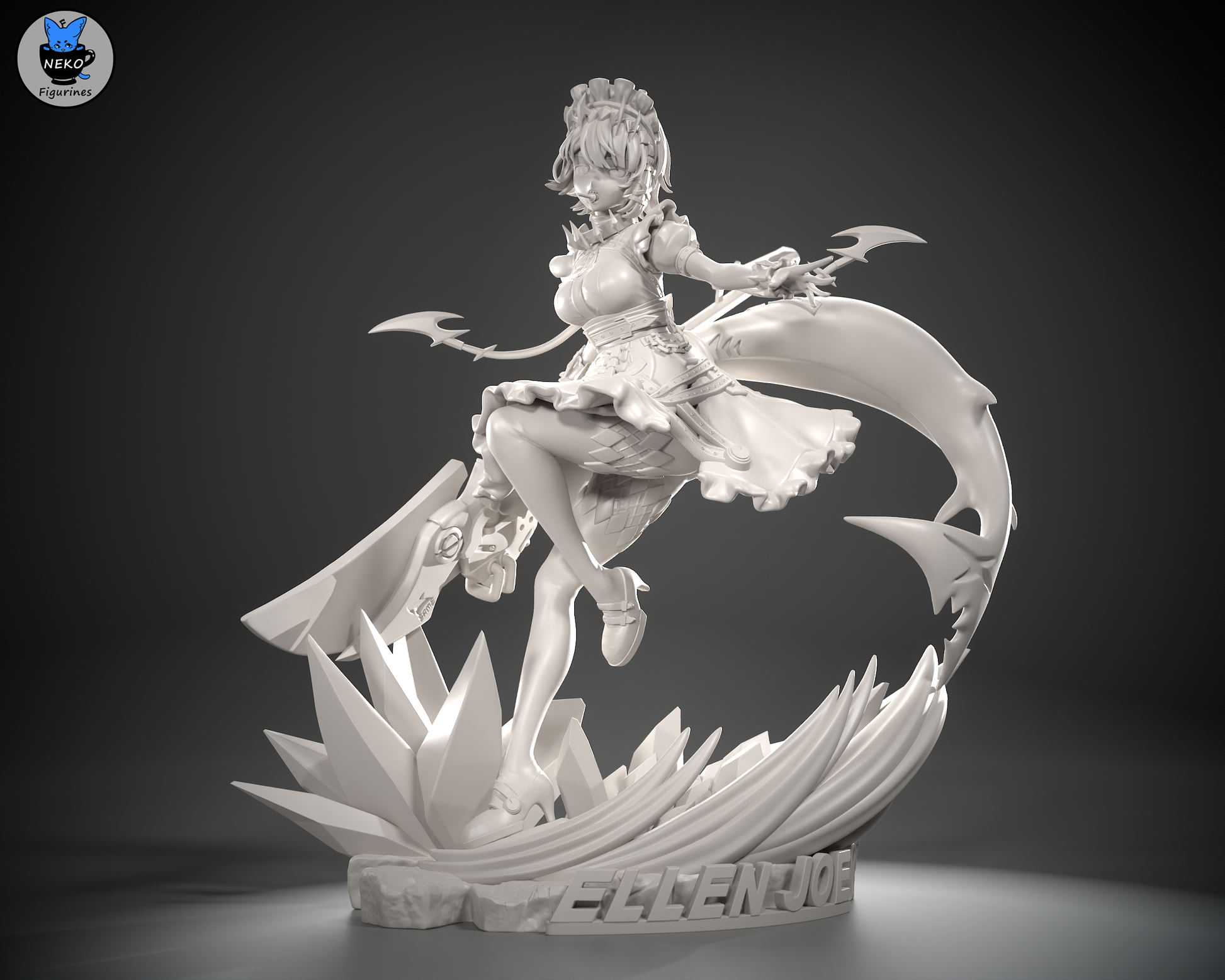 Front grey render of Ellen Joe 3D figure, showing dress, weapon, and shark tail flowing mid-jump on labeled base.