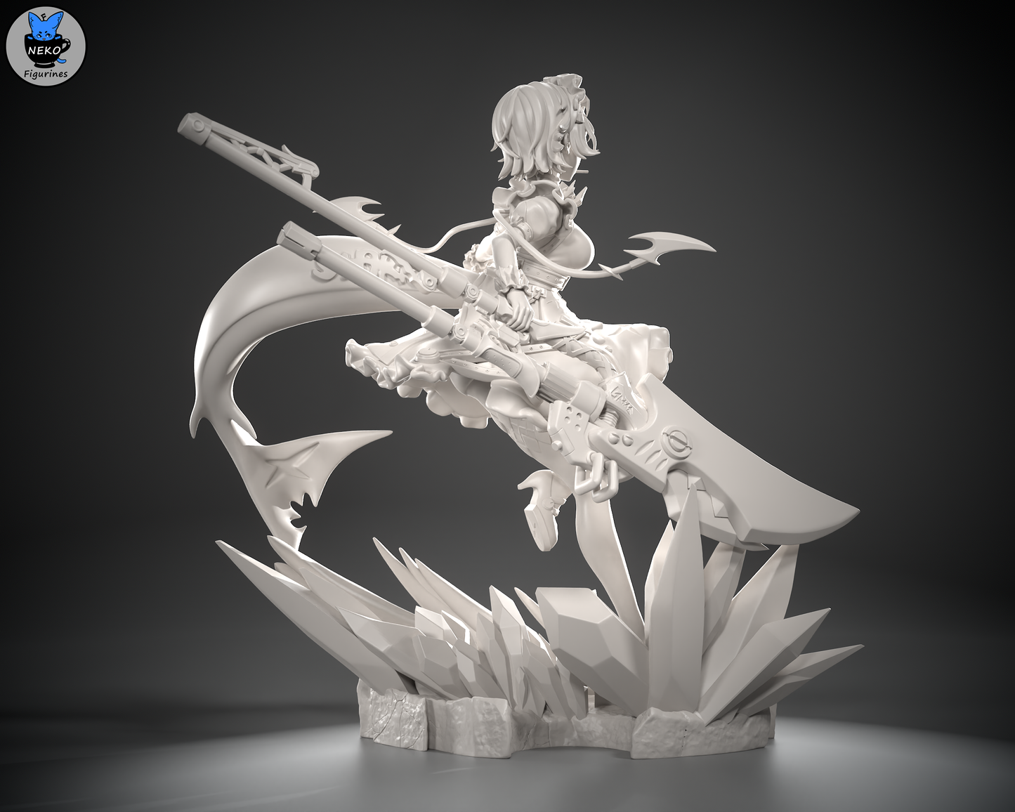 Grey resin render of Ellen Joe figure in full combat pose with shark tail and large dual-bladed weapon, standing over spiked crystal base.