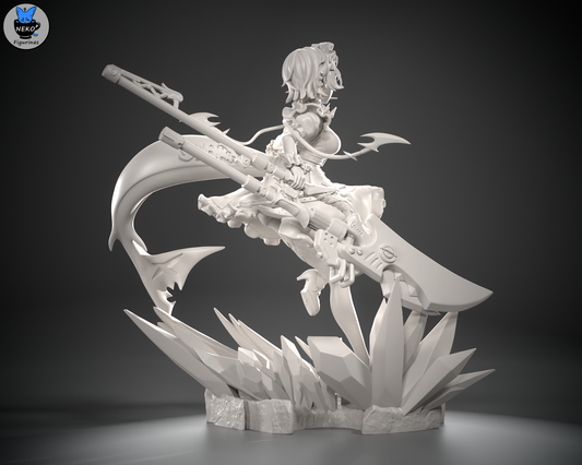 Grey resin render of Ellen Joe figure in full combat pose with shark tail and large dual-bladed weapon, standing over spiked crystal base.