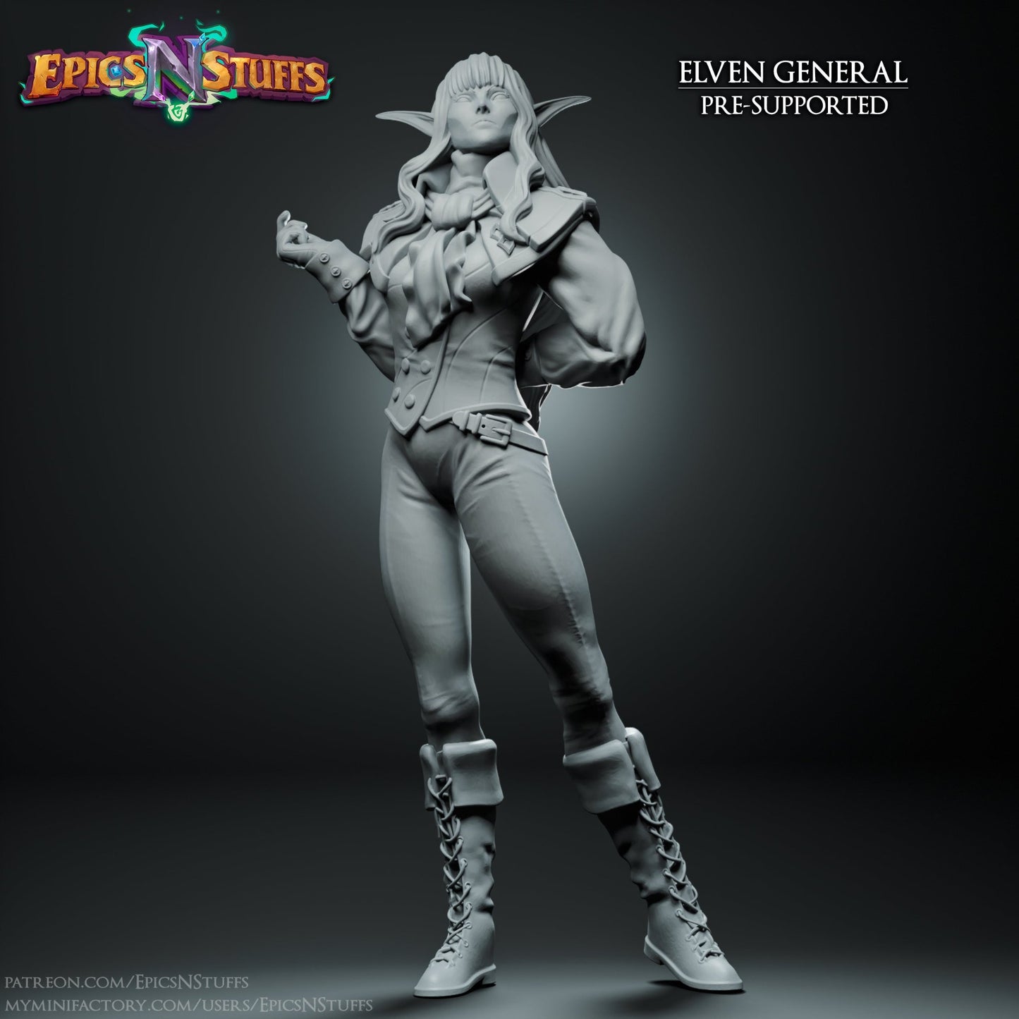 Elven Female General with detailed military-style breeches and boots, ready to command in any TTRPG.