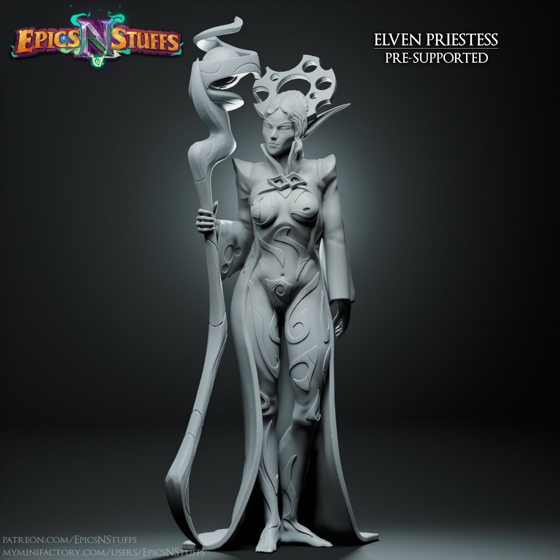 Elven Priestess miniature holding an ornate staff, adorned in ceremonial robes with intricate elven designs.