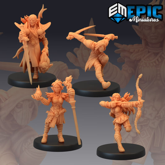 A group image showcasing the Elf Rogue, Druid, Paladin, and Ranger together, each posed in action-ready stances. This set is perfect for TTRPGs like Pathfinder, offering versatile character choices and rich detail for any fantasy campaign.