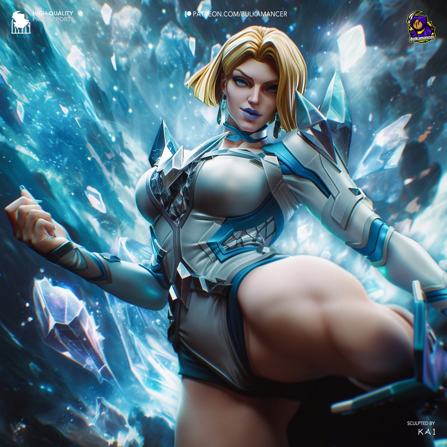 Close-up colored render of Emma Frost from Marvel Rivals, highlighting facial details, crystalline armor, and confident pose mid-kick.