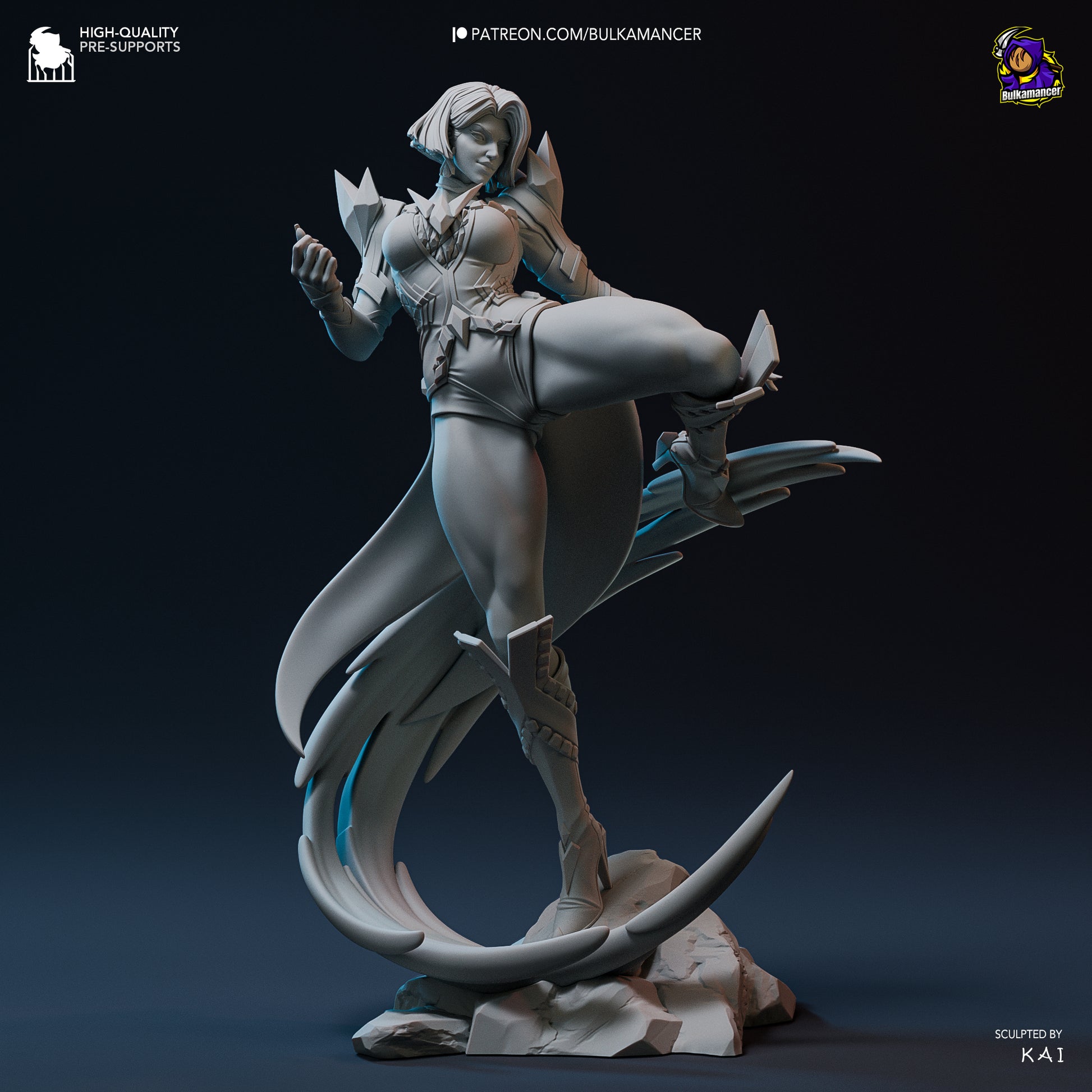 Unpainted render of Emma Frost figure mid-kick, showcasing detailed armor and dynamic energy base from the front angle.