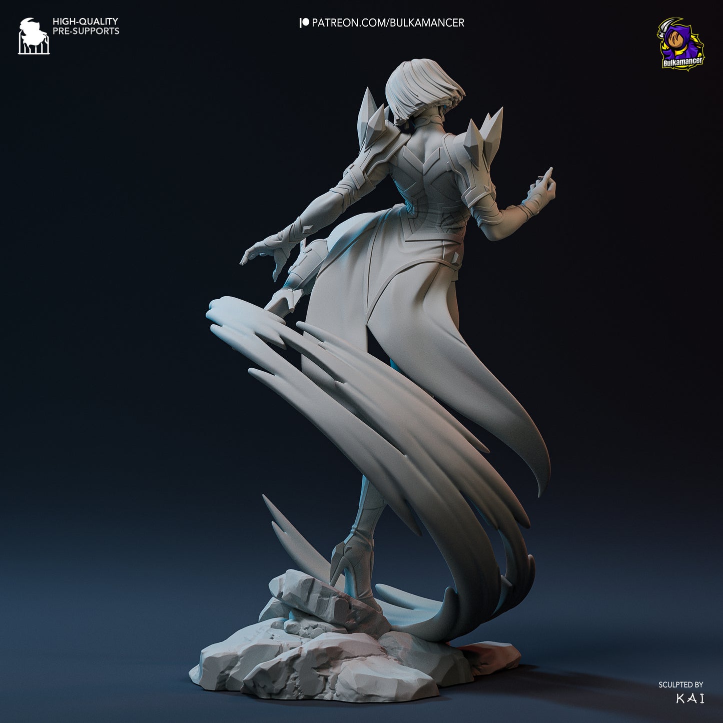 Back view of unpainted Emma Frost figure from Marvel Rivals with swirling energy effects and flowing coat.