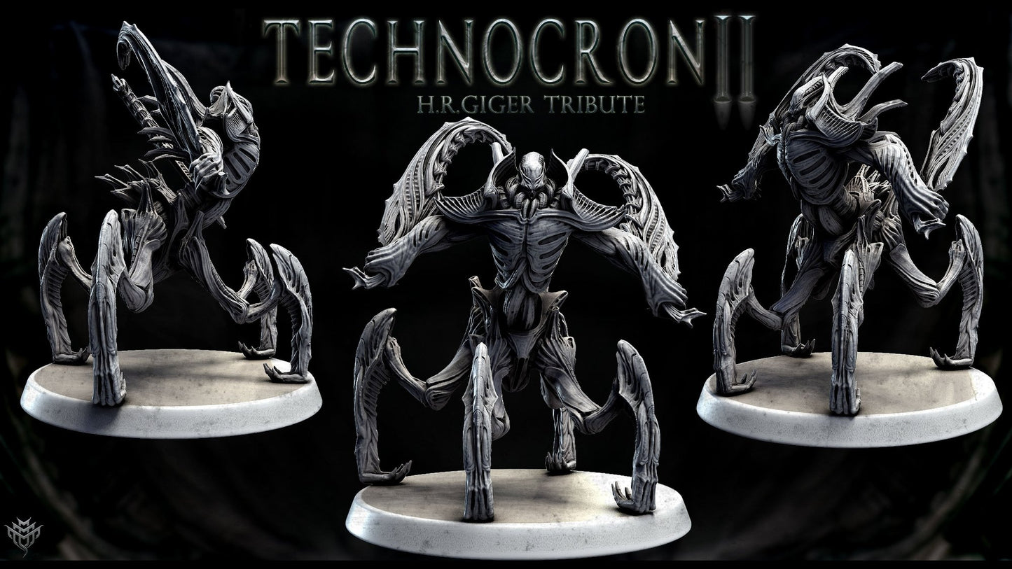 A menacing biomechanical figure with arms outstretched in a combat stance, standing on a 50mm base.