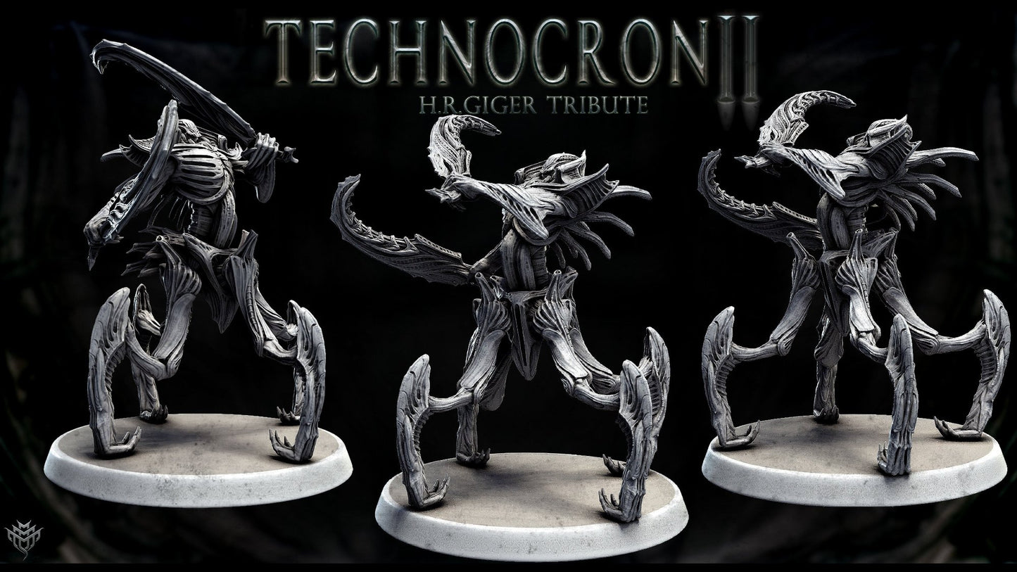  A biomechanical figure in mid-motion, standing on a 50mm base, with intricate details perfect for sci-fi TTRPGs.