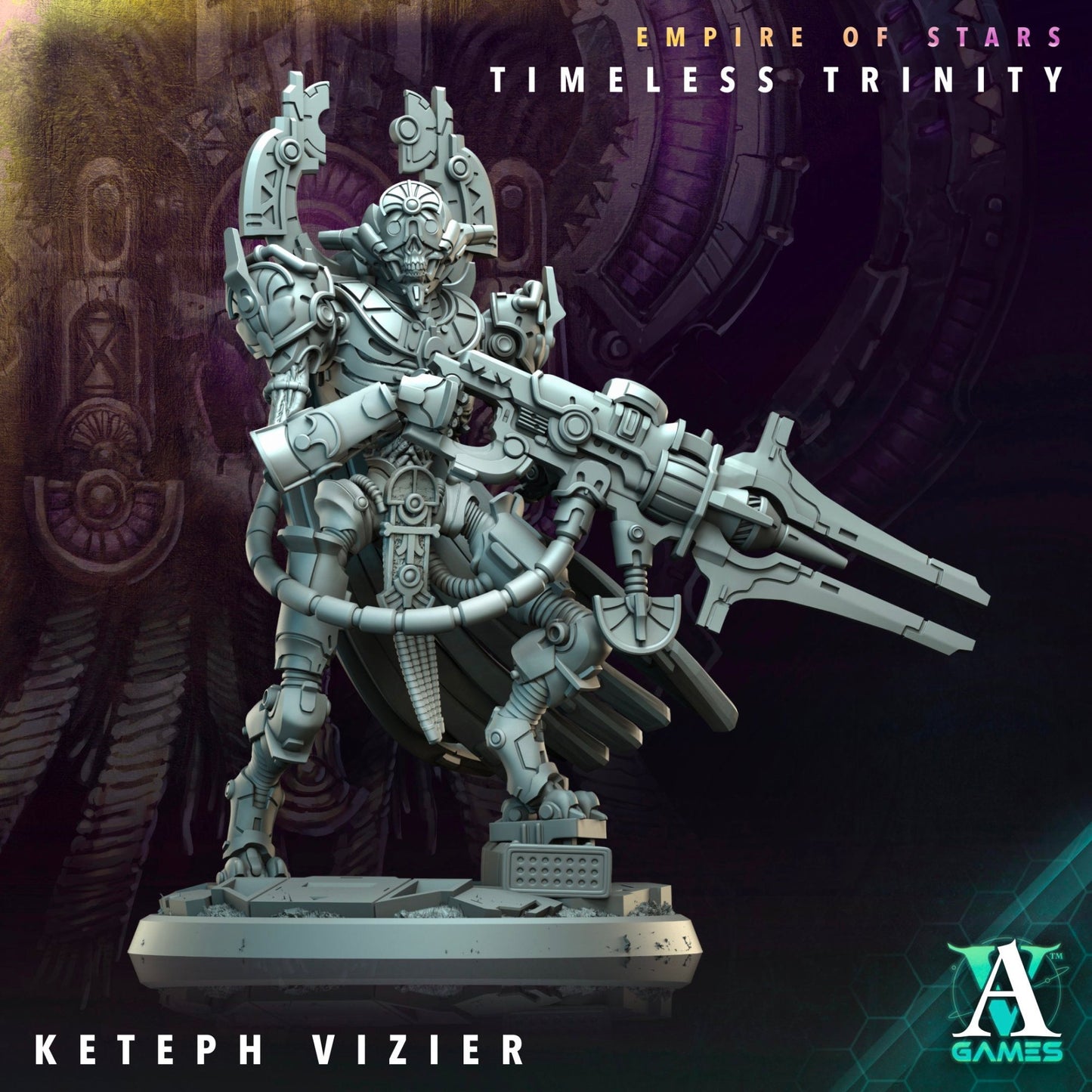 A highly detailed sci-fi miniature depicting a mechanical vizier wielding a large, advanced rifle. The figure features a cybernetic design with elaborate armor, cables, and headgear, ideal for use in tabletop RPGs such as Starfinder and Warhammer 40k.