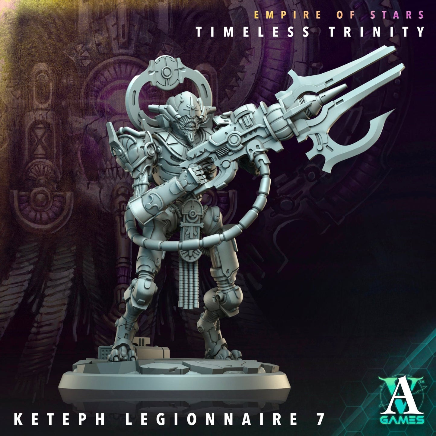 Close-up of the sci-fi miniature Keteph Legionnaire 7, showcasing its futuristic armor.