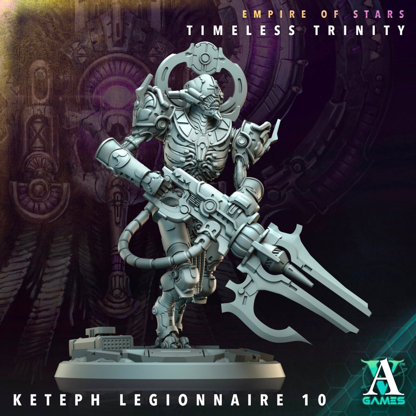 Sci-fi miniature of Keteph Legionnaire 10, an imposing armored warrior with a massive gun.