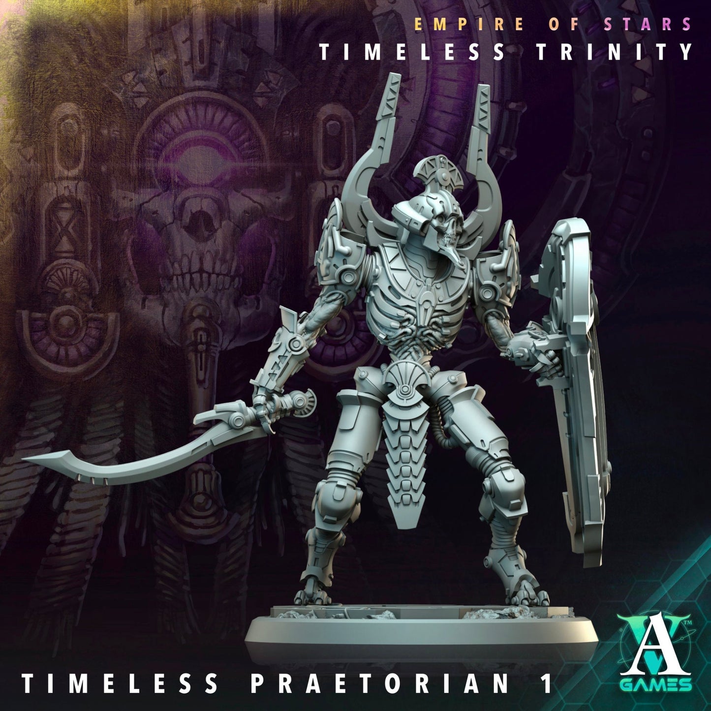 Timeless Praetorian miniature in a dynamic combat pose, wielding a curved blade and holding a shield.