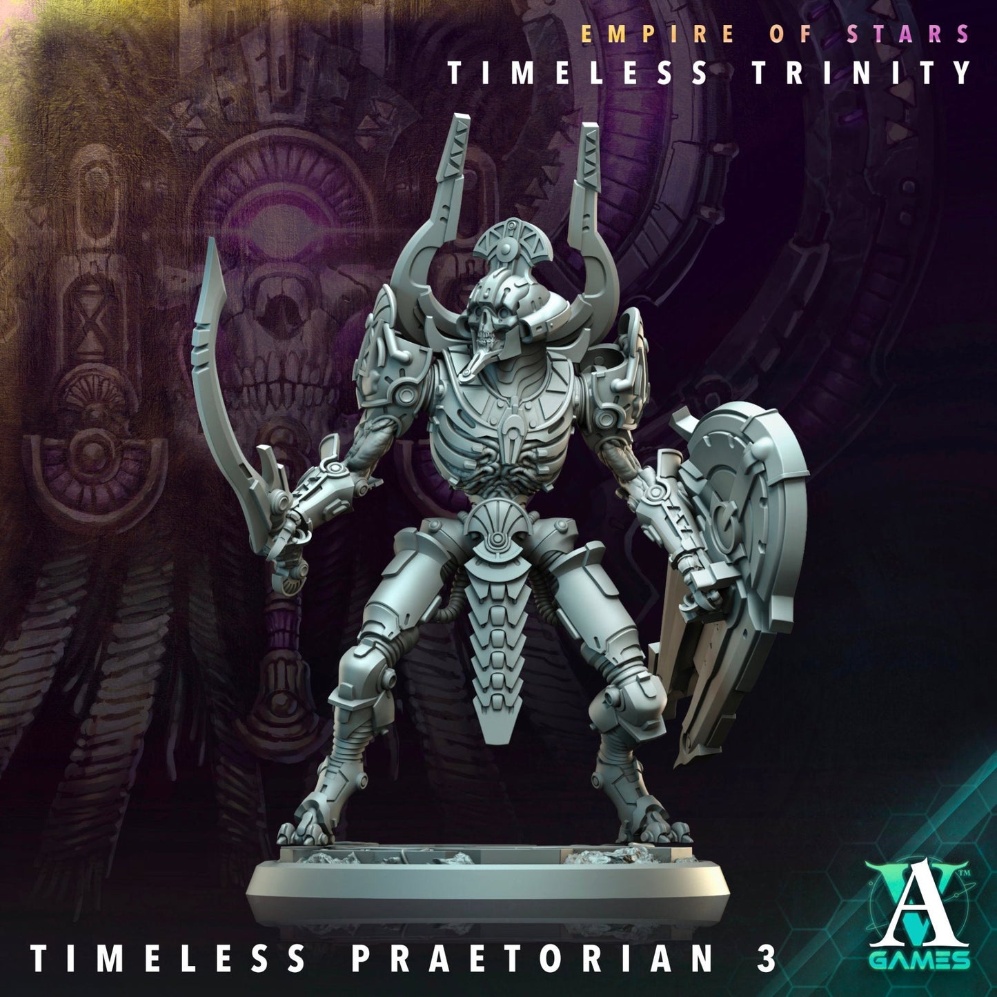 Timeless Praetorian miniature with dual weapons, ready for battle, featuring detailed Egyptian-style armor.