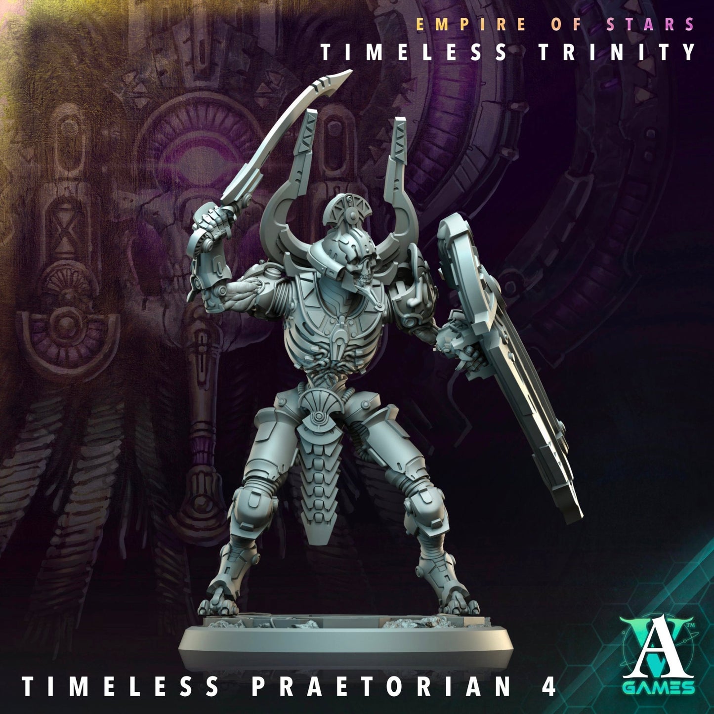 Timeless Praetorian miniature striking an aggressive pose, armed with a shield and blade.