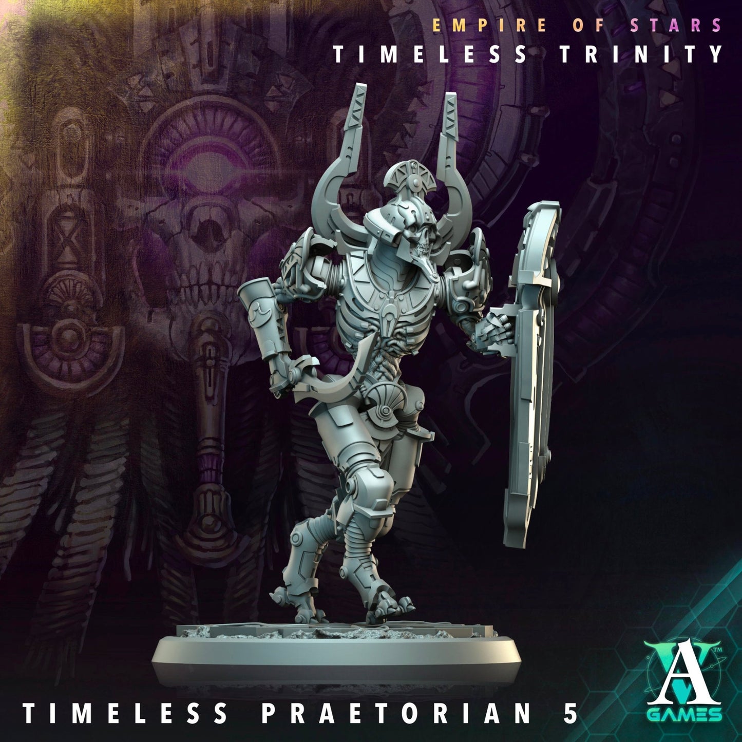 Timeless Praetorian miniature mid-step, equipped with a shield and a large blade, evoking a futuristic Egyptian warrior.