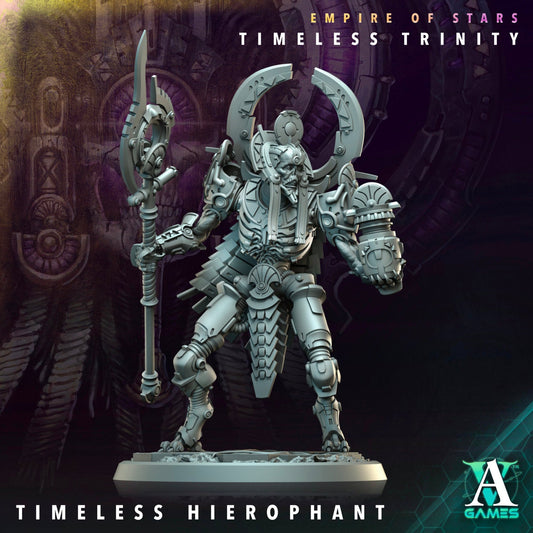 Timeless Hierophant miniature with Egyptian-style design, holding an ornate staff and wearing futuristic armor, perfect for sci-fi TTRPG settings.