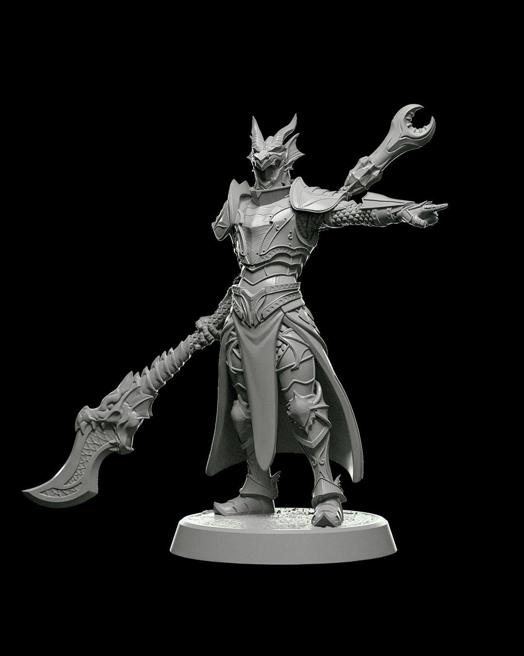 Erketh, Blood of the Dragon miniature, armored warrior holding a dragon-themed weapon and pointing with a commanding stance, wearing a detailed dragon-shaped helmet.