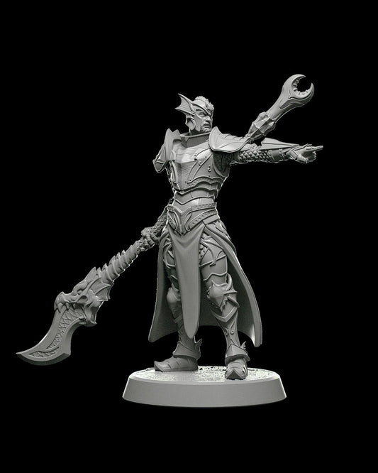 Erketh, Blood of the Dragon miniature, armored warrior holding a dragon-themed weapon and pointing with a commanding stance, open faced helmet.