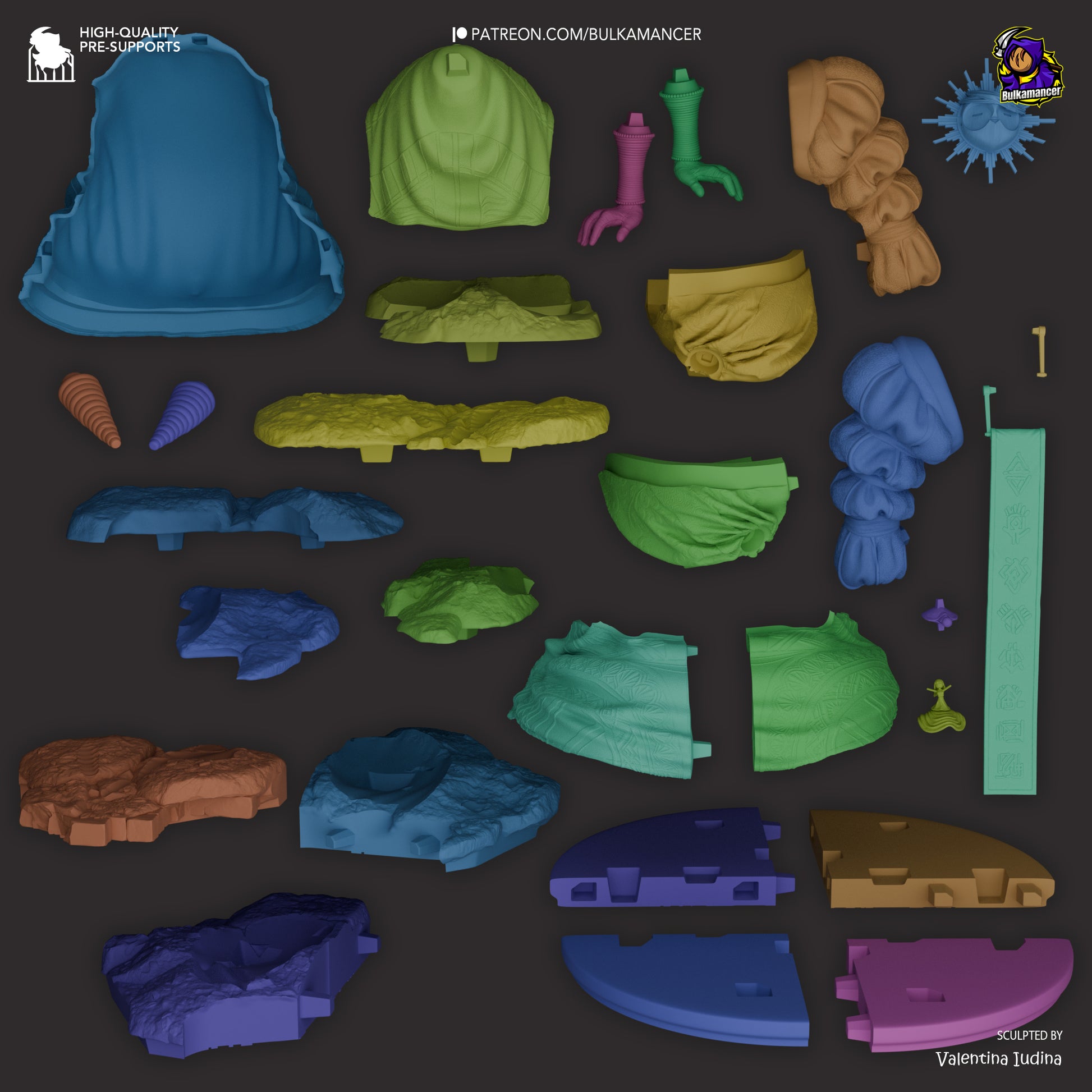 Esquie Expedition 33 collectible exploded view showing separate parts including weapons, armor pieces, and scenic base.