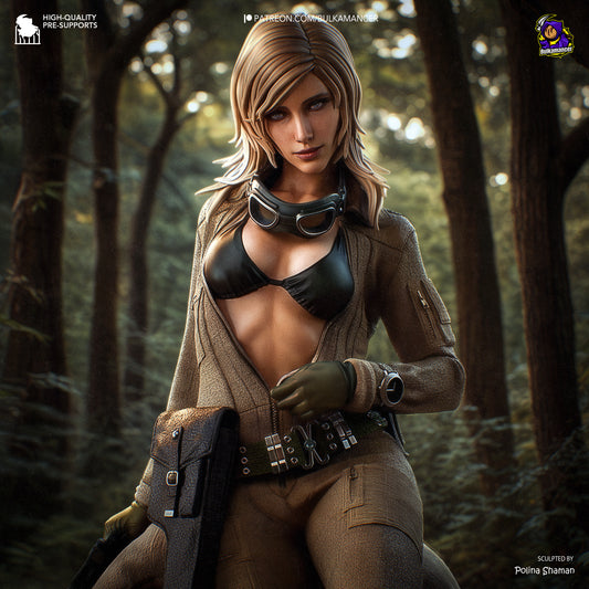 Eva Metal Gear Solid 1:8 scale collectible figure close-up render in forest background with open jacket, goggles, and tactical gloves.