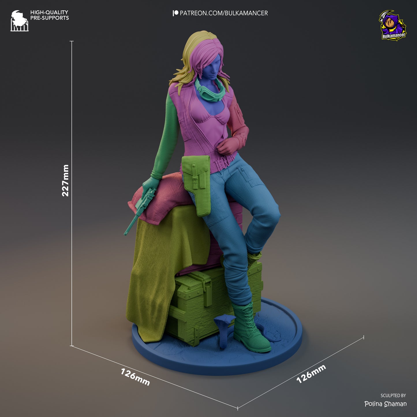 Eva Metal Gear Solid 1:8 scale statue color-cut model with dimensions 227mm height by 126mm width, seated on base with crates.