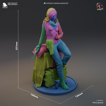 Eva Metal Gear Solid 1:8 scale statue color-cut model with dimensions 227mm height by 126mm width, seated on base with crates.