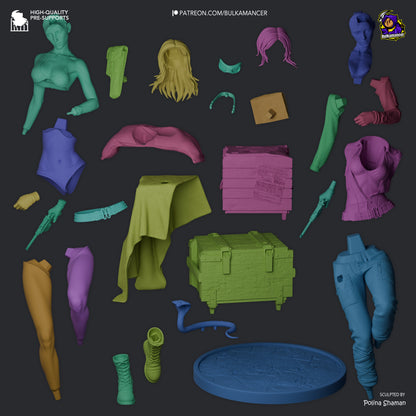 Exploded parts view of Eva Metal Gear Solid 1:8 scale collectible showing modular pieces including outfits, weapons, base, and accessories.