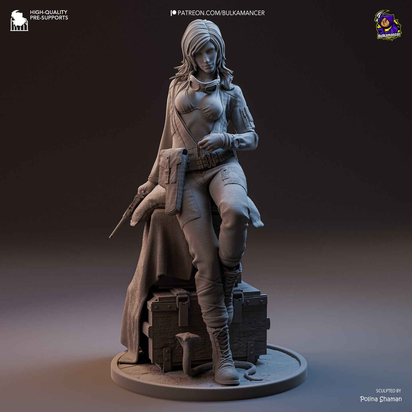 Grey resin render of Eva Metal Gear Solid 1:8 scale collectible seated on supply crates holding pistol, wearing jacket and tactical gear.