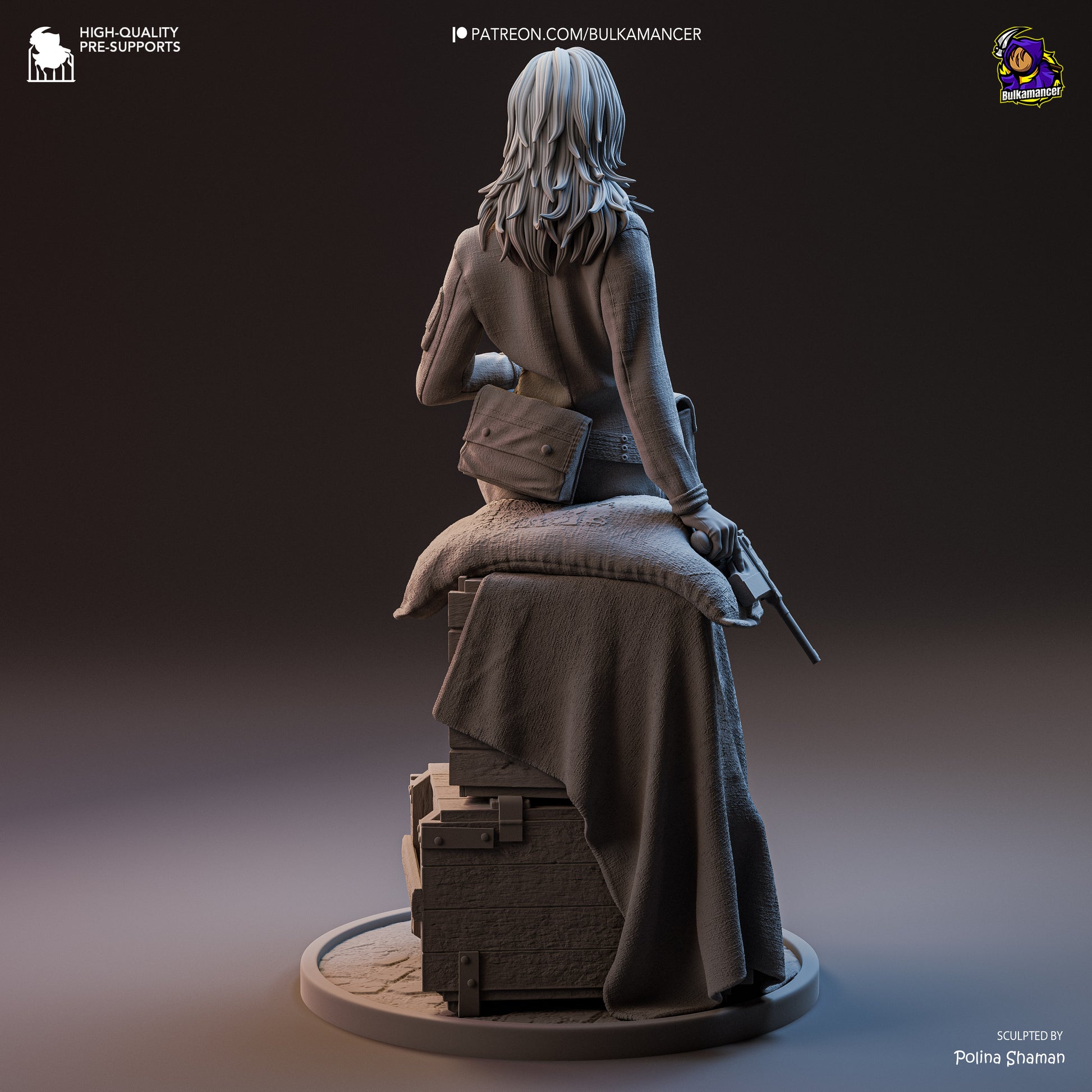 Rear view of grey resin Eva Metal Gear Solid 1:8 scale collectible showing jacket, belt pouch, and hair sculpt detail.