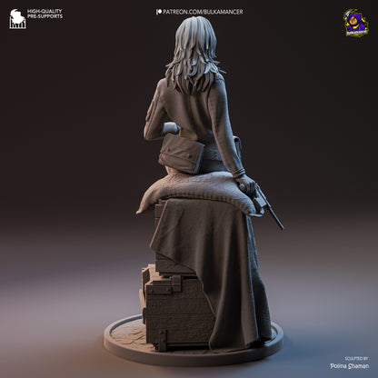 Rear view of grey resin Eva Metal Gear Solid 1:8 scale collectible showing jacket, belt pouch, and hair sculpt detail.