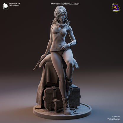 Grey resin render of Eva Metal Gear Solid 1:8 scale collectible in alternate bikini outfit seated on crate base with pistol.