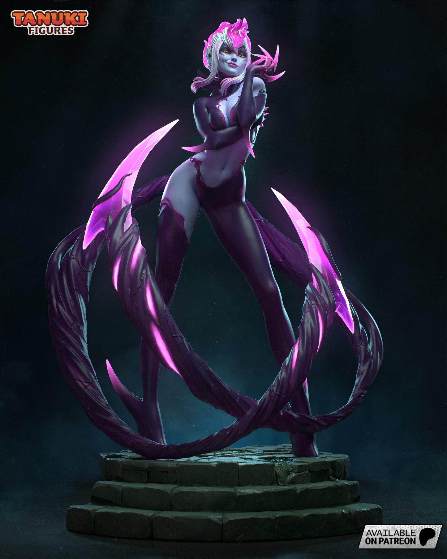 Front view of Evelynn 1:6 scale collectible figure posed seductively with glowing purple claws and tendrils spiraling around her, standing on a circular stone base.