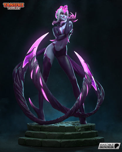 Front view of Evelynn 1:6 scale collectible figure posed seductively with glowing purple claws and tendrils spiraling around her, standing on a circular stone base.